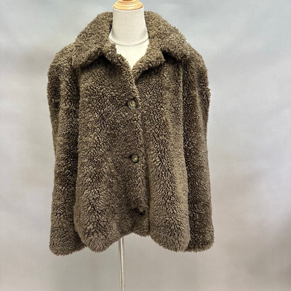 Caché Brown Teddy Sherpa Coat Jacket Size Medium‎ Plush Faux Shearling Button